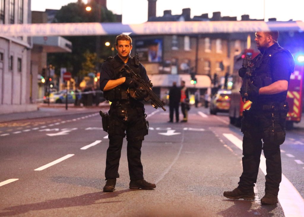Armed police officers attend to the scene after a vehicle collided with pedestrians near a mosque in the Finsbury Park neighborhood of North London, Britain June 19, 2017. REUTERS/Neil Hall 