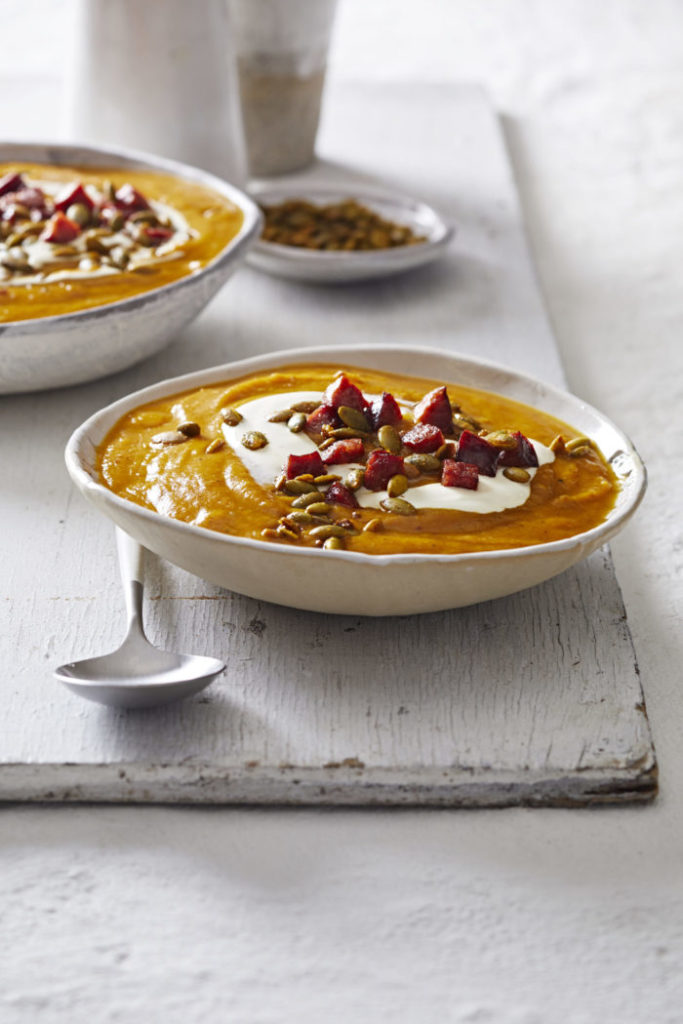 Maple-roasted Pumpkin Soup with Chorizo and Spiced Pepitas Recipe