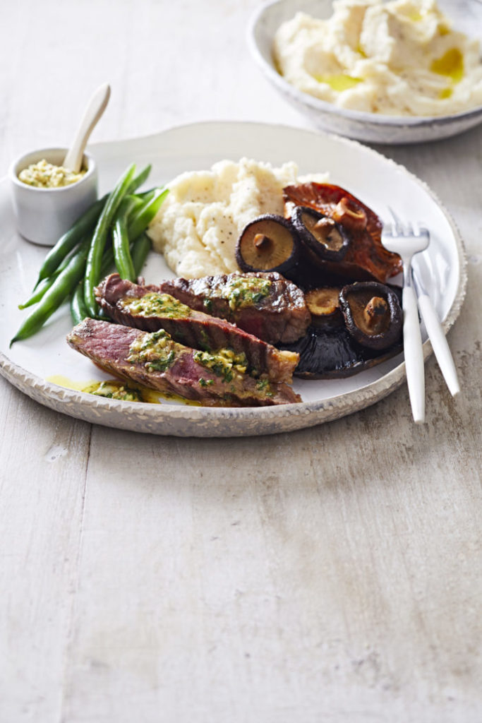 Sirloin Steak with Anchovy Herb Butter Mushrooms & Celeriac Puree