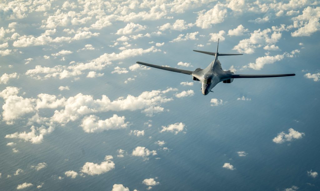 One of two U.S. Air Force B-1B Lancer bombers flies a 10-hour mission from Andersen Air Force Base, Guam, into Japanese airspace and over the Korean Peninsula, July 30, 2017.  U.S. Air Force photo/Staff Sgt. Joshua Smoot/Handout via REUTERS.  