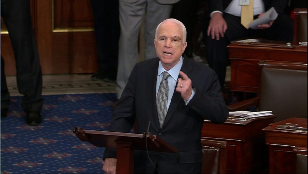 A still image from video shows U.S. Senator John McCain (R-AZ), who had been recuperating in Arizona after being diagnosed with brain cancer, speaking on the floor of the U.S. Senate after returning to Washington for a vote on healthcare reform in Washington, U.S., July 25, 2017. SENATE TV/Handout via REUTERS  