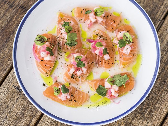 Cured Salmon with Green Apple, Red Onion, Habanero & Citrus