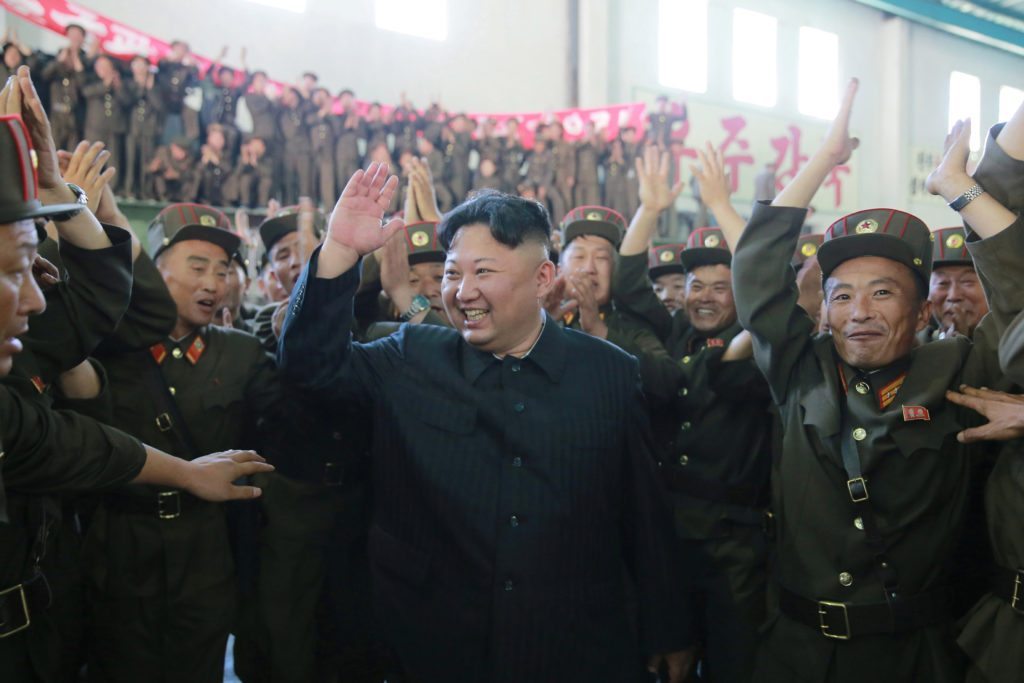 North Korean leader Kim Jong Un reacts with scientists and technicians of the DPRK Academy of Defence Science after the test-launch of the intercontinental ballistic missile Hwasong-14 in this undated photo released by North Korea's Korean Central News Agency (KCNA) in Pyongyang July 5, 2017. KCNA/via REUTERS 