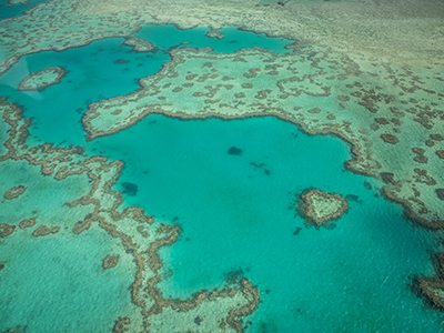 Aerial view of the Heart reef in the Whitsundays Islands.