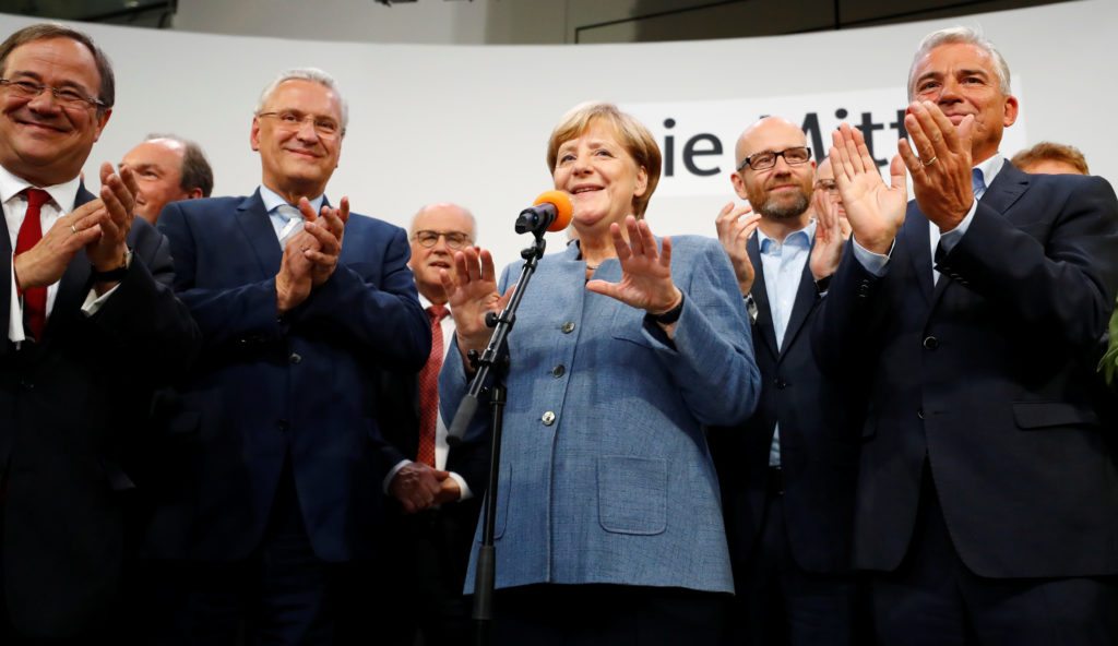 Christian Democratic Union CDU party leader and German Chancellor Angela Merkel reacts after winning the German general election (Bundestagswahl) in Berlin, Germany, September 24, 2017. 