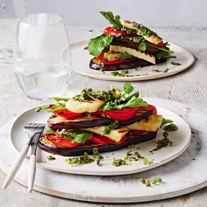 Chargrilled Eggplant, Capsicum And Haloumi Stack With Pesto