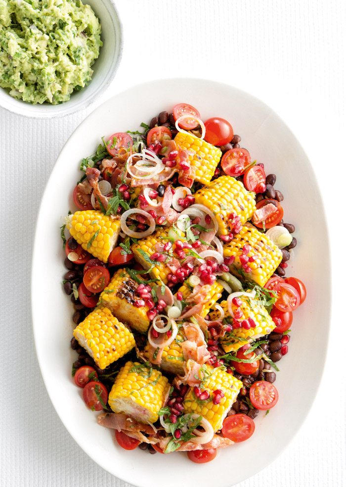 Grilled Whole Corn & Black Bean Salad With Smoked Paprika Dressing & Guacamole