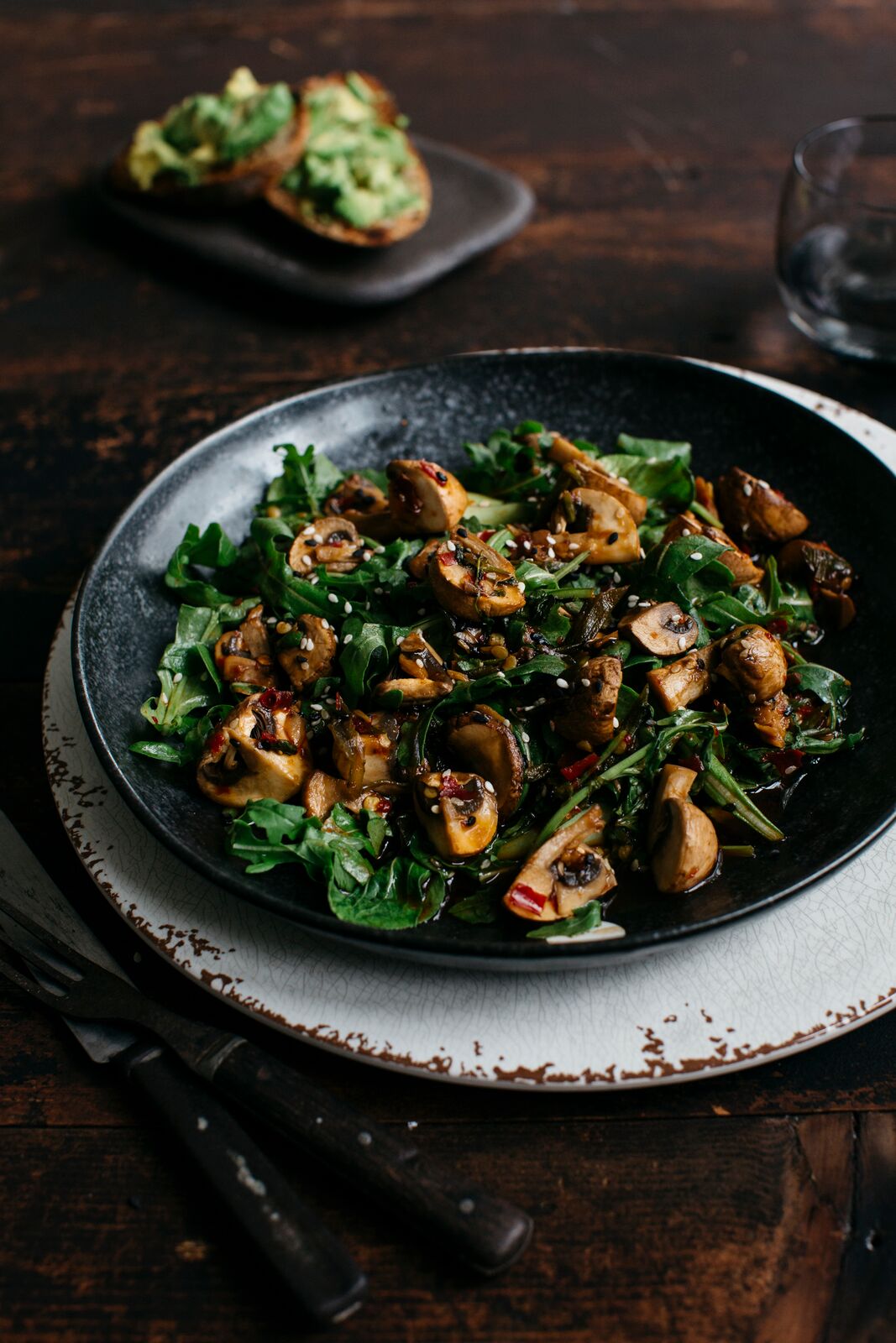 Mushrooms with Spring Onion Sesame & Roast Garlic served with Wild Rocket