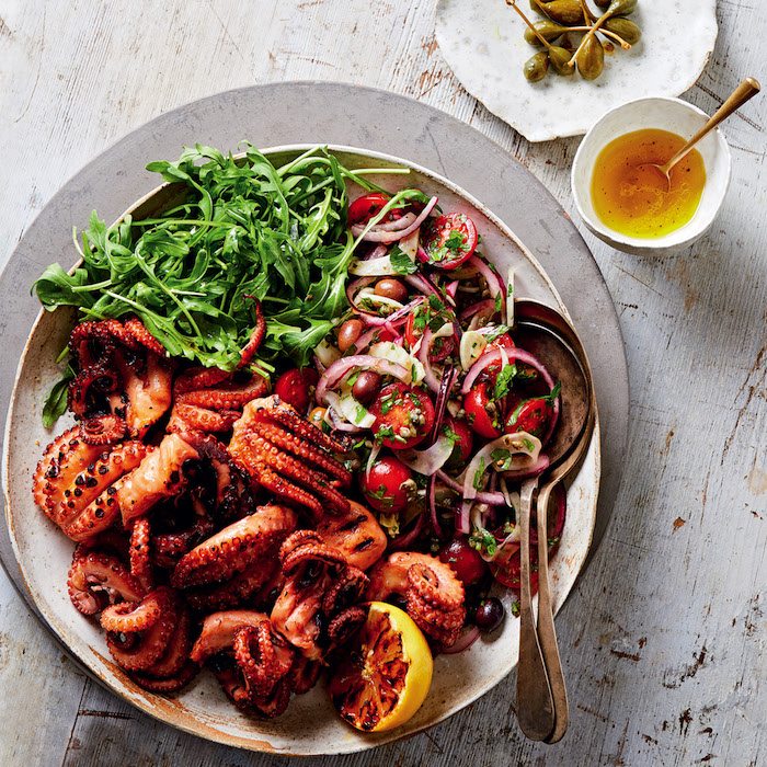 Chargrilled Greek Octopus Salad with Grilled Lemons and Rocket