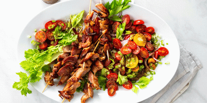 Bloody Mary Salad With Glazed Ham Skewers