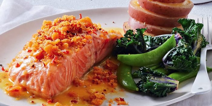 Salmon With Lemon Butter Sauce And Garlic Chilli Crumb