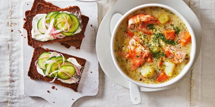 Salmon, Potato & Dill Soup With Pickled Cucumber Open Sandwiches