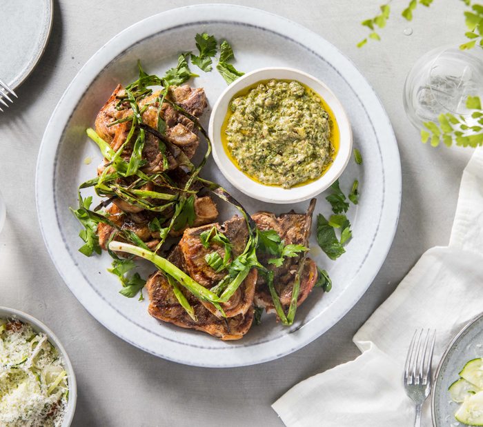 Lamb Loin Chops, Charred Shallot Salsa Verde & Zucchini, Fennel, Apple & Almond Salad