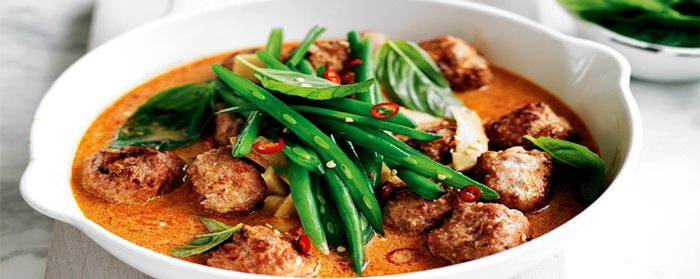 Red Curry Pork Meatballs with Chilli Basil and Beans
