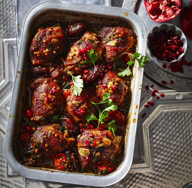 One Pan Chicken with Pomegranate and Lentils