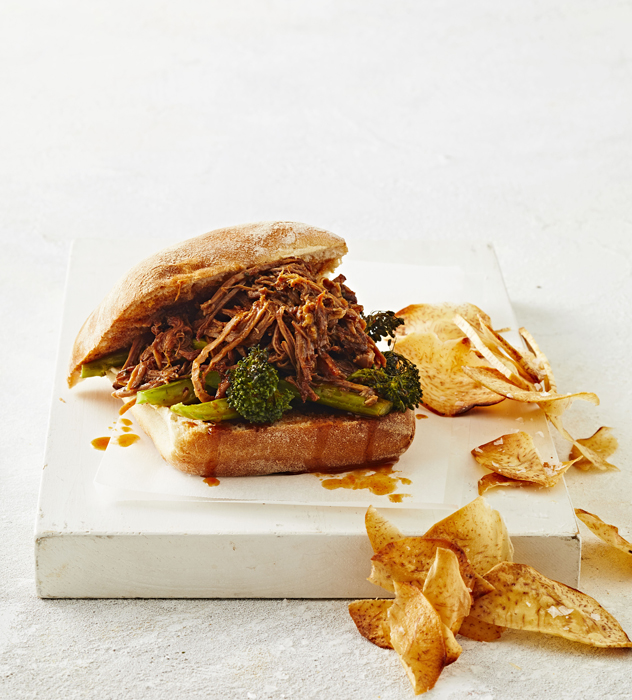 Slow-Cooked Pineapple Pulled Pork Burger with Roasted Broccolini and Taro Chips