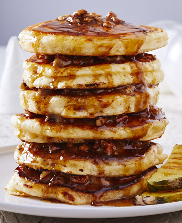 Fluffy Pancakes with Spiced Pretzel Butter and Maple Syrup