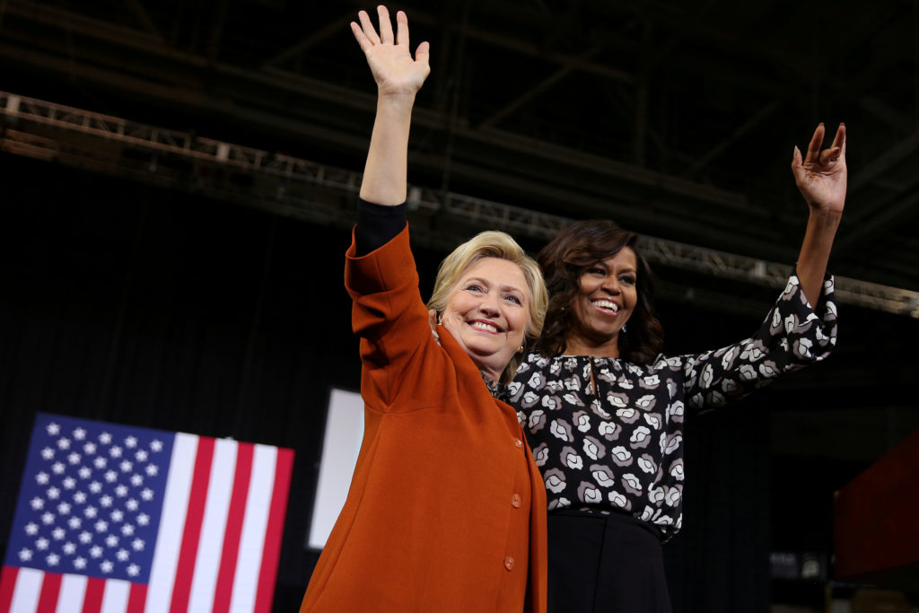 Hillary Clinton and Michelle Obama in North Carolina. REUTERS/Carlos Barria