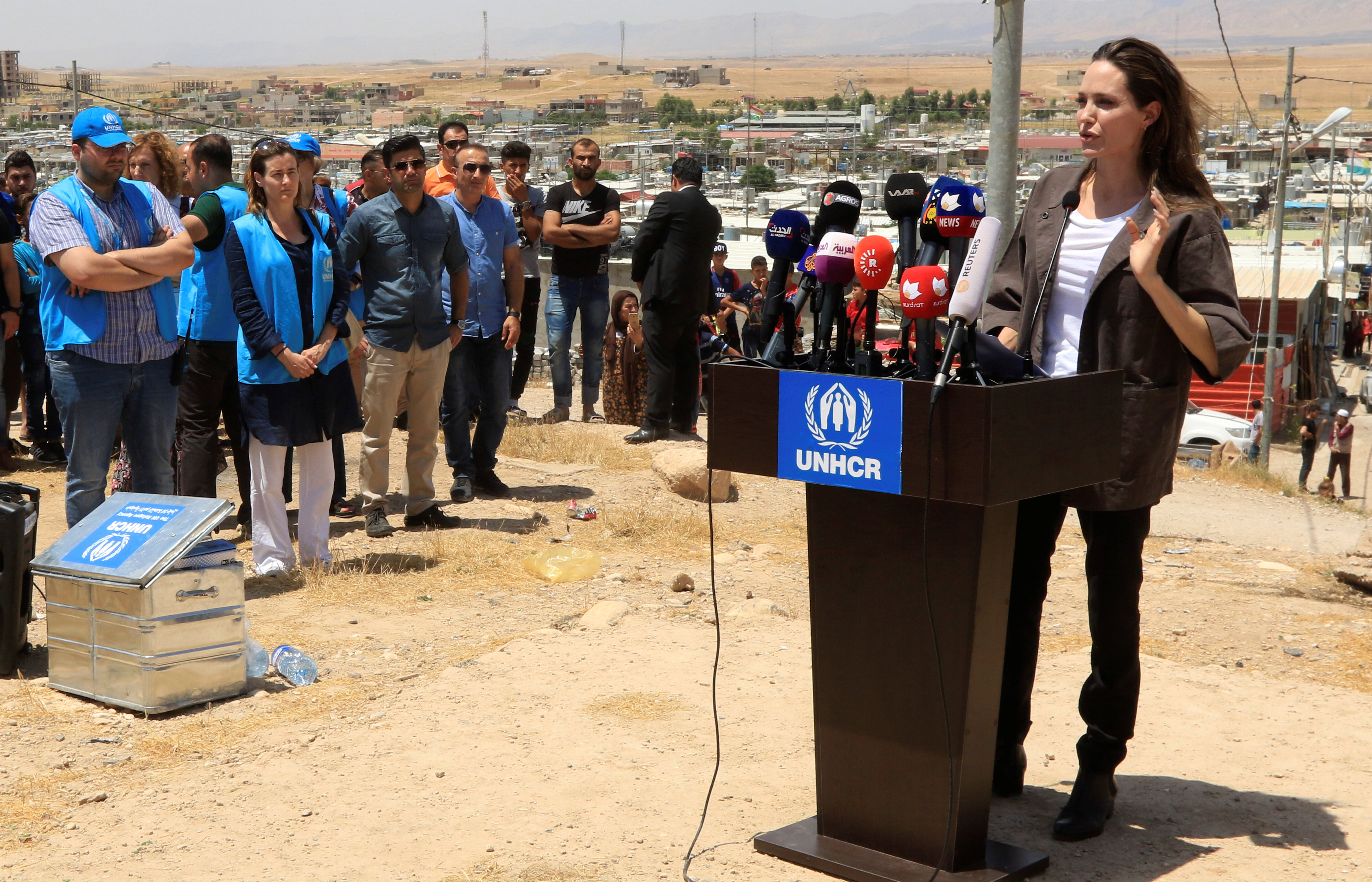 U.N. Refugee Agencys special envoy Angelina Jolie speaks during a news conference during her visits to a camp for Syrian refugees in Dohuk, Iraq June 17, 2018.  REUTERS/Ari Jalal - RC12E84B7E90