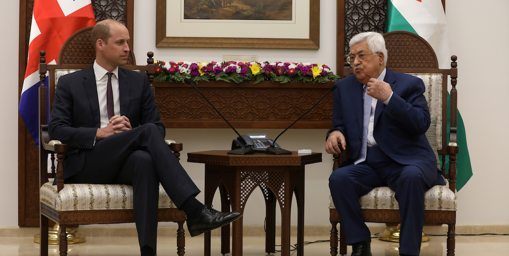 Palestinian President Mahmoud Abbas gestures during his meeting with Britain's Prince William in Ramallah, in the occupied West Bank June 27, 2018. Alaa Badarneh/Pool via Reuters