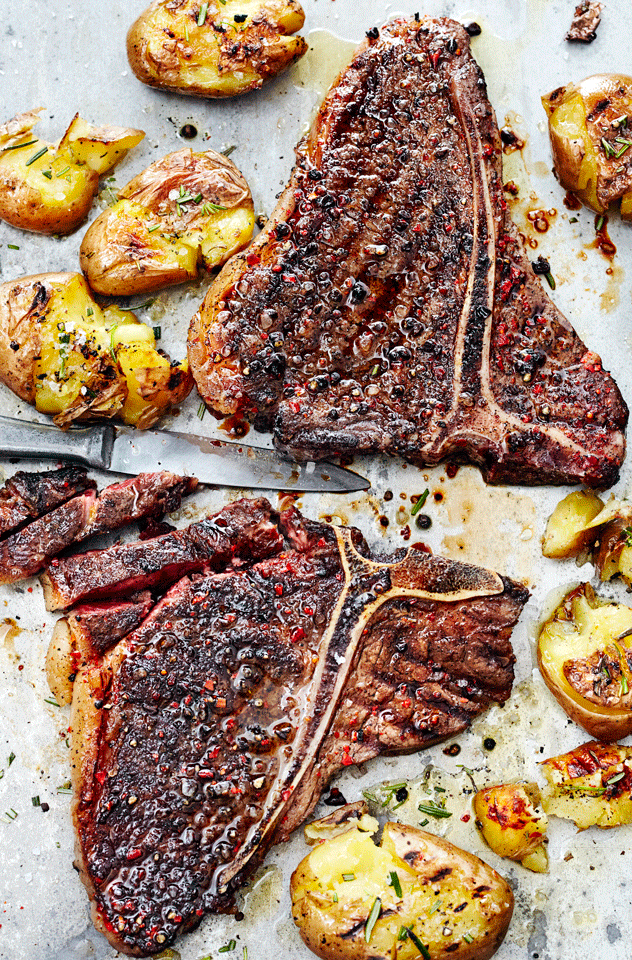 T-Bone Steaks with Coffee and Chilli Rub and Smashed Potatoes