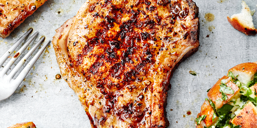 Pork Chops with Caraway Rub and Pull-Apart Bread Rolls