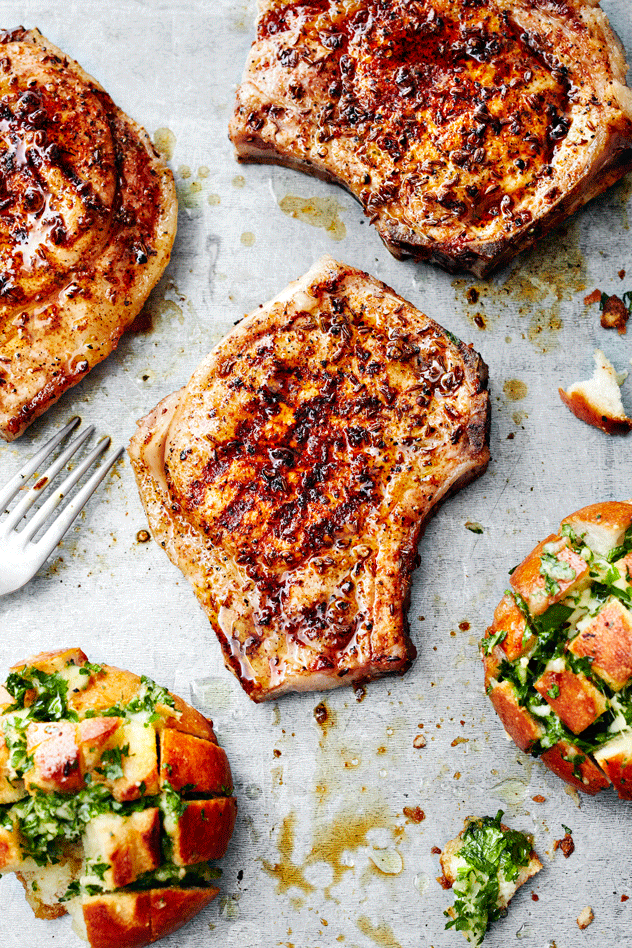 Pork Chops with Caraway Rub and Pull-Apart Bread Rolls