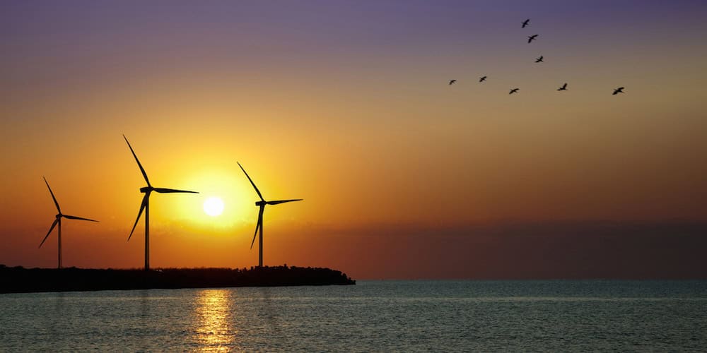 Wind turbine farm in action on the coastline