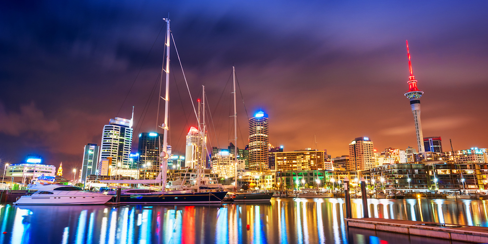 Cityscape of Auckland at night, New Zealand.