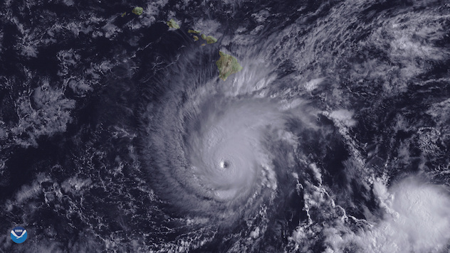 Hurricane Lane, with a well-defined eye, is shown positioned about 300 miles south of Hawaii's Big Island at 2 p.m. ET on August 22, 2018. NOAA/Goes-East Imagery/Handout via REUTERS  