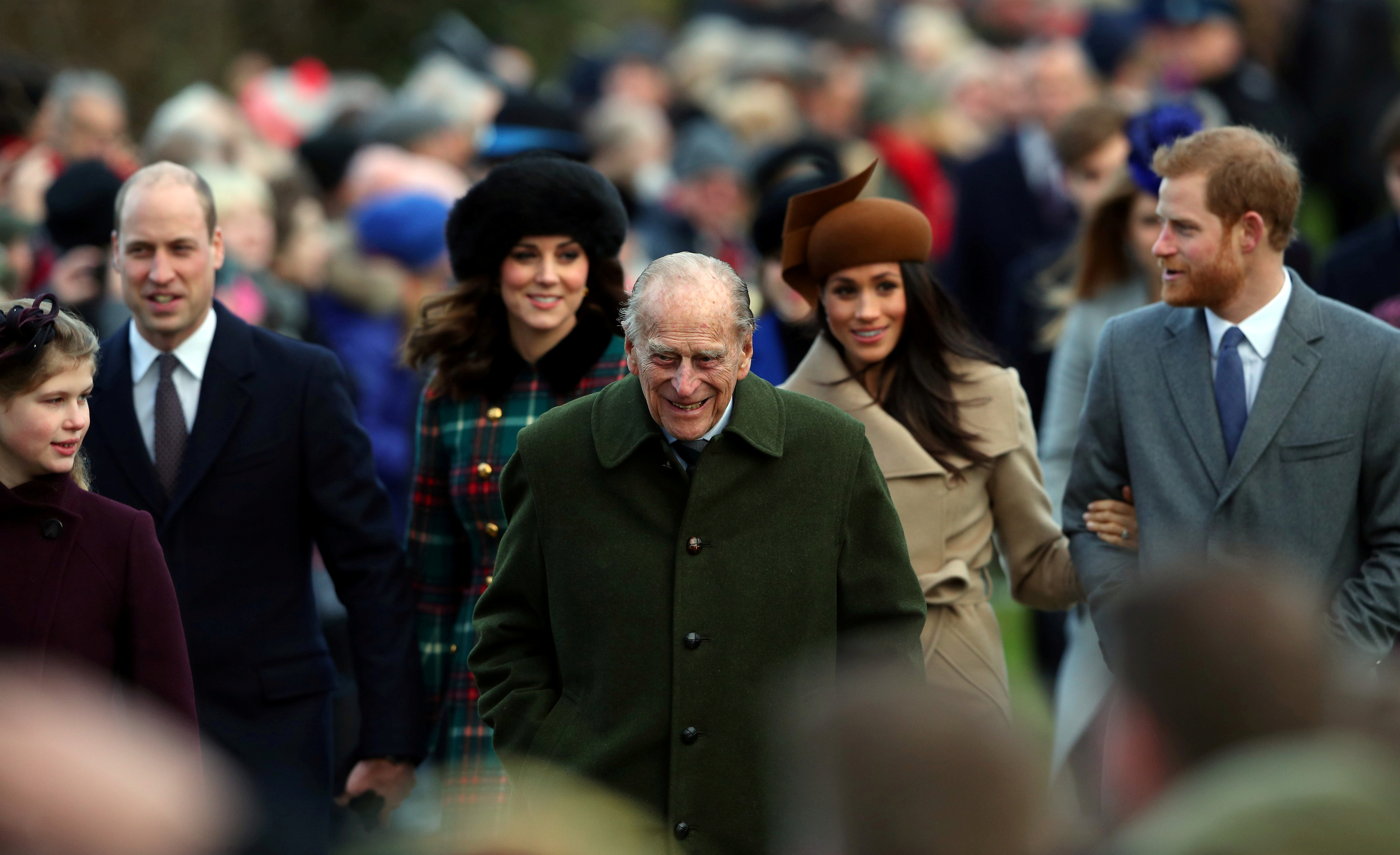 Britain's Prince Philip, the Duke of Edinburgh, leads members of the royal family as they arrive to attend the Christmas Day church service on the Sandringham estate in eastern England, Britain, December 25, 2017. REUTERS/Hannah McKay     TPX IMAGES OF THE DAY - RC13339F3B70