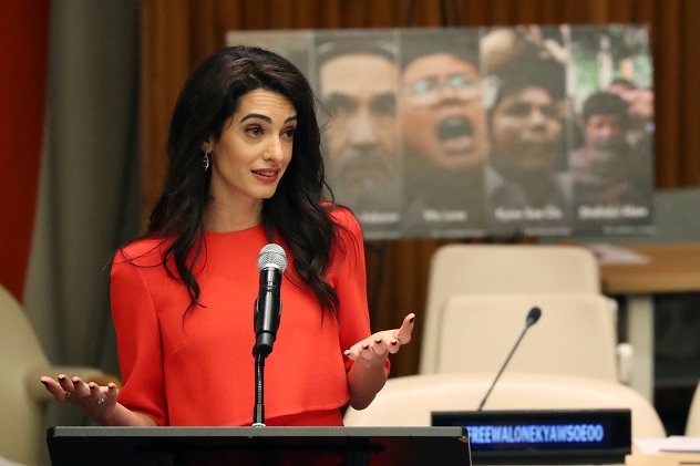 Attorney Amal Clooney speaks during the Press Behind Bars: Undermining Justice and Democracy Justice event during the 73rd session of the United Nations General Assembly at U.N. headquarters in New York, U.S., September 28, 2018. REUTERS/Shannon Stapleton - RC1BFE617030