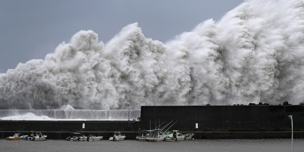 High waves triggered by Typhoon Jebi are seen at a fishing port in Aki, Kochi Prefecture, western Japan, in this photo taken by Kyodo September 4, 2018. Mandatory credit Kyodo/via REUTERS