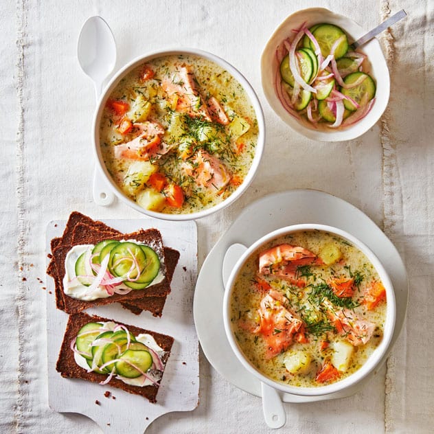 Salmon, Potato & Dill Soup With Pickled Cucumber Open Sandwiches