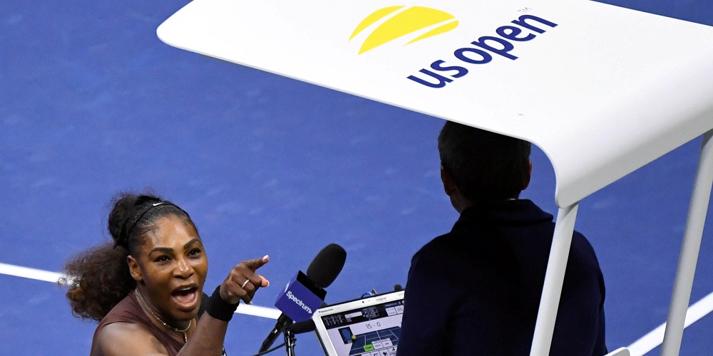 Sep 8, 2018; New York, NY, USA; Serena Williams of the United States yells at chair umpire Carlos Ramos in the women's final against Naomi Osaka of Japan on day thirteen of the 2018 U.S. Open tennis tournament at USTA Billie Jean King National Tennis Center. Mandatory Credit: Danielle Parhizkaran-USA TODAY SPORTS      TPX IMAGES OF THE DAY - RC1870648680