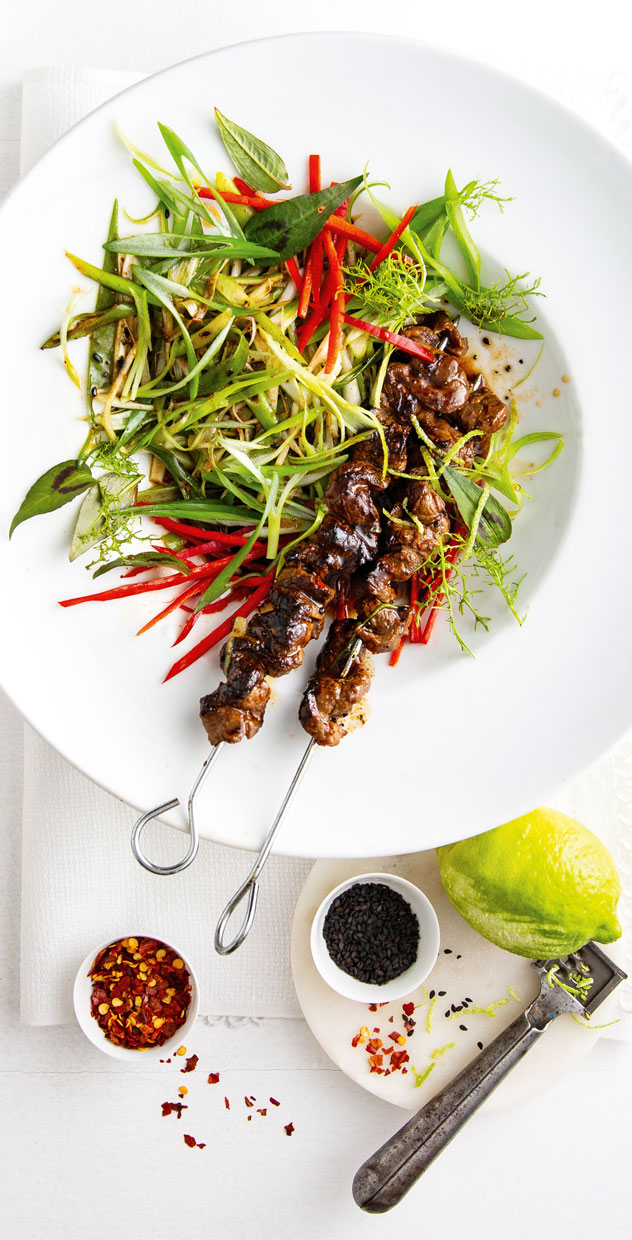 Spring Onion Salad with Beef Skewers