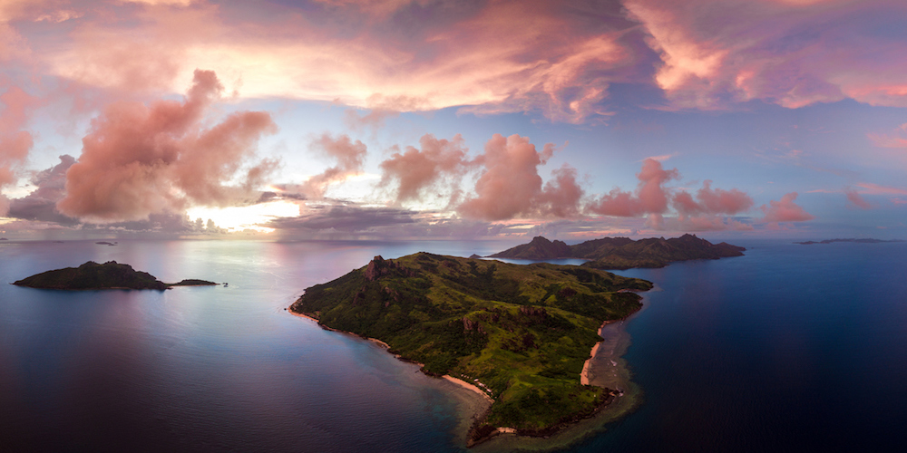 Aerial shot of Fiji islands at sunset