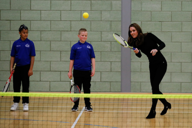 Britain's Catherine, Duchess of Cambridge, plays tennis as she joins a session during a visit to Coach Core Essex, in Basildon, Britain October 30, 2018.   Adrian Dennis/Pool via REUTERS 