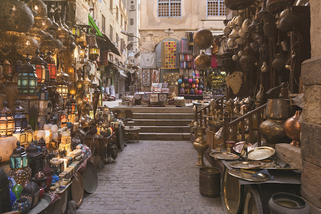Khan el-Khalili is a major market in the Islamic district of Cairo. The bazaar district is one of Cairo's main attractions for tourists and Egyptians.