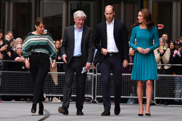 Britain's Prince William, and Catherine, Duchess of Cambridge, walk with Director-General of the BBC Tony Hall and Director of BBC Children's Alice Webb as they visit BBC Broadcasting House in London, Britain November 15, 2018. Ben Stansall/Pool via REUTERS