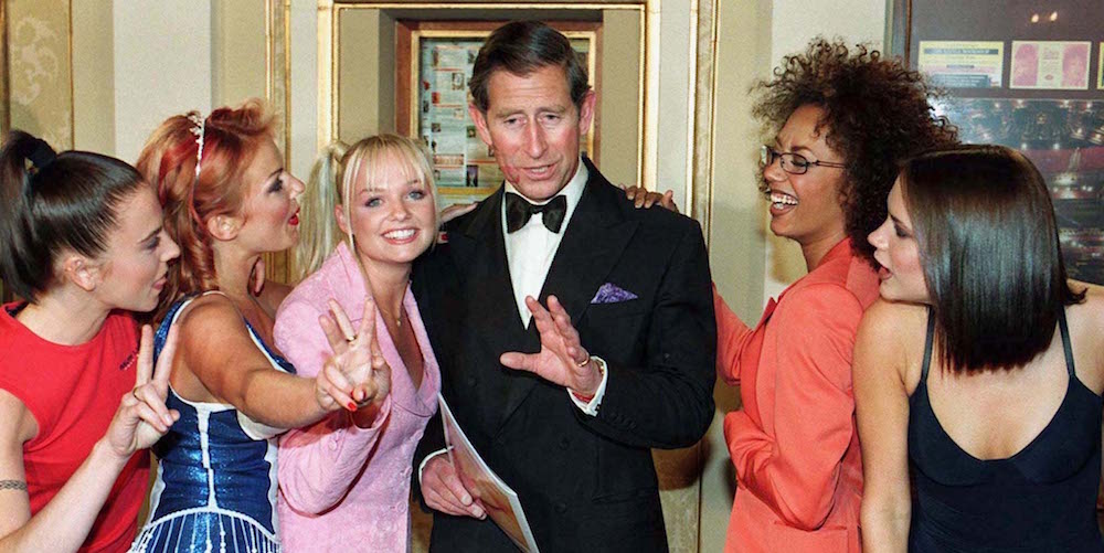 The Prince of Wales meets the British all girl pop-group The Spice Girls at a royal gala celebrating 21 years of the Princes Trust at the Opera House in Manchester, May 9.  Prince Charles impressed onlookers by knowing each of the girls nicknames, before they planted kisses on his cheeks. - PBEAHUMMCAZ