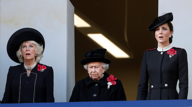 Britain's Queen Elizabeth, Camilla, Duchess of Cornwall and Catherine, Duchess of Cambridge, watch a National Service of Remembrance at The Cenotaph in Westminster, London, Britain, November 11, 2018. REUTERS/Simon Dawson