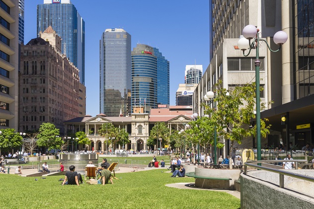 Things to do in Brisbane - Post Office Square, with views of the Brisbane skyline.