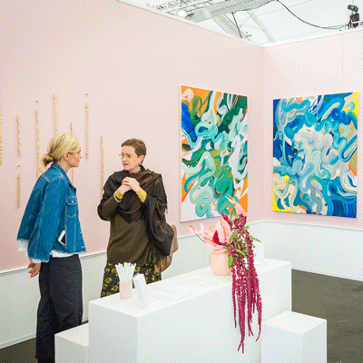 Installation view of Parlour Projects stand featuring work by Ed Batts, Ben Pearce and Grace Wright, at Auckland Art Fair 2018, image courtesy Matt Hunt
