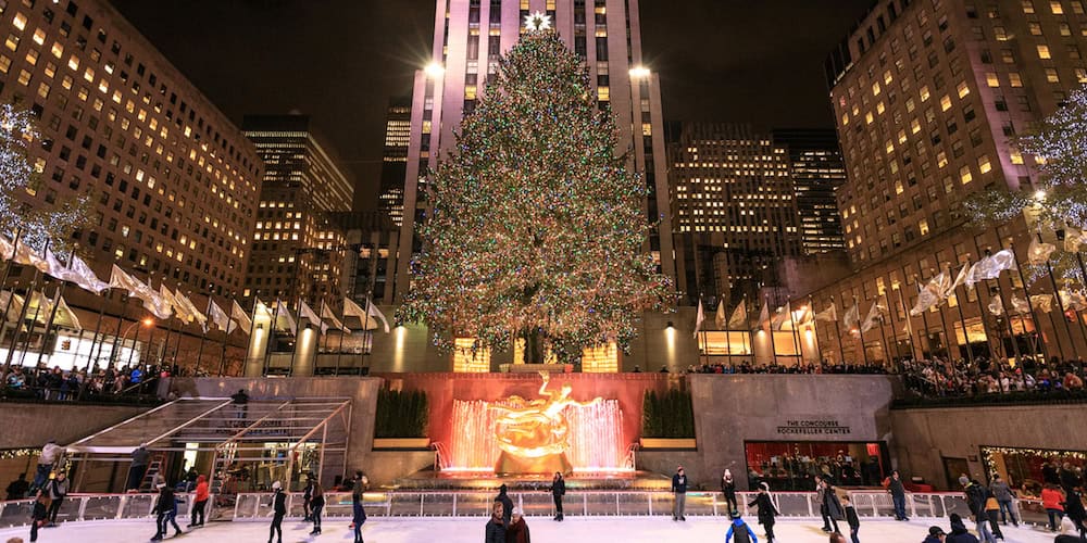 New York City, NY, USA - December 1, 2016: The Rockefeller Center skating rink and Christmas tree.