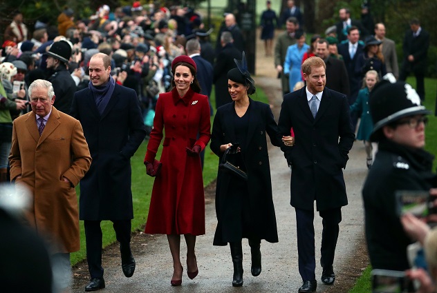 Britain's Prince Charles, Prince William, Duke of Cambridge and Catherine Duchess of Cambridge along with Prince Harry, Duke of Sussex and Meghan, Duchess of Sussex arrive at St Mary Magdalene's church for the Royal Family's Christmas Day service on the Sandringham estate in eastern England, Britain, December 25, 2018. REUTERS/Hannah McKay - RC15D236FF50