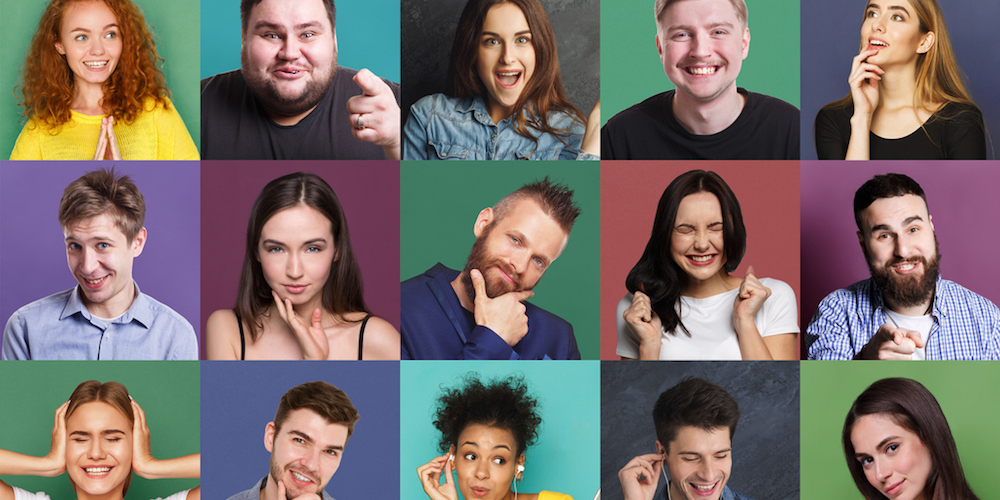 Different emotions collage. Set of male and female emotional portraits. Young diverse people grimacing and gesturing on camera at colorful studio backgrounds (Different emotions collage. Set of male and female emotional portraits. Young diverse people