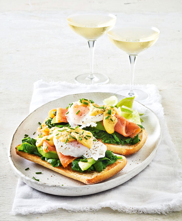 Salmon & Eggs Benedict with Wilted Spinach & Avocado