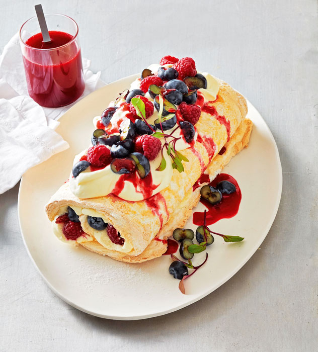 Mixed Berry Meringue Roulade with Raspberry Coulis