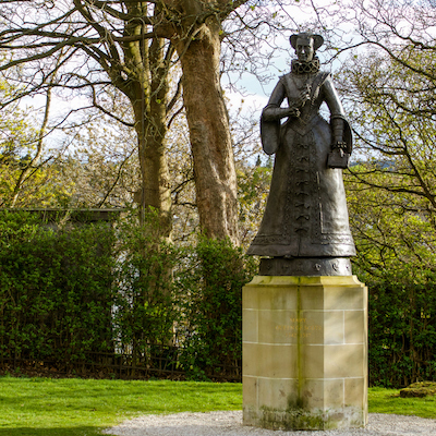 Linlithgow, Scotland; March 30th 2018: Statue of Mary Queen of Scots in a park beside Linlithgow Abbey.